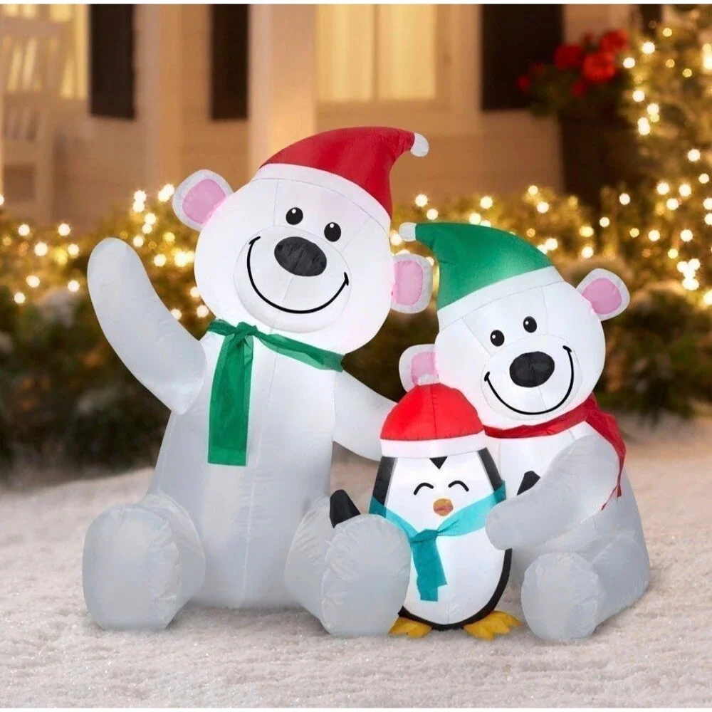 4ft Polar Bear Family with Penguin Holiday Airblown Inflatable